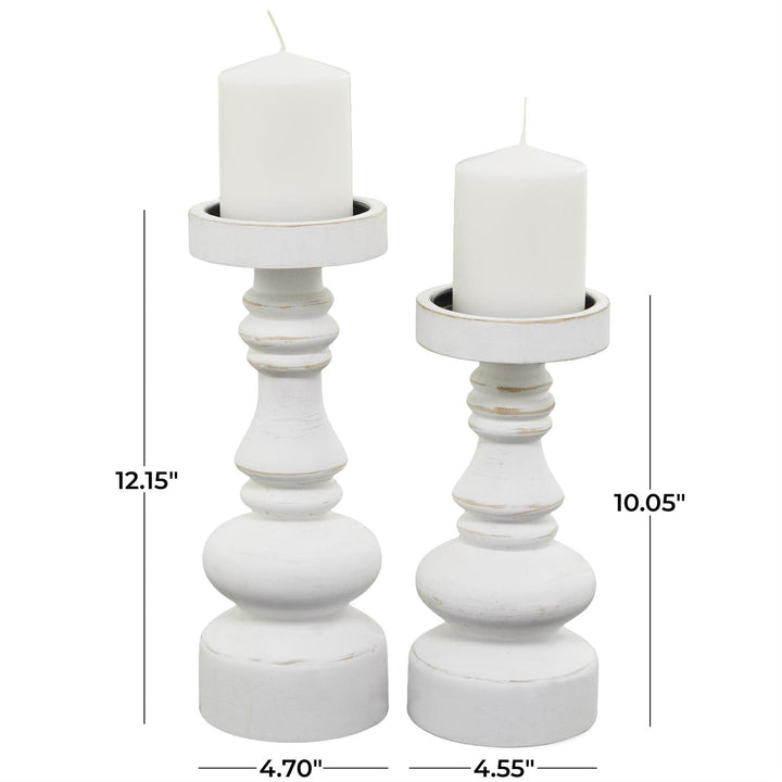 White Wood Turned Style Pillar Decorative Candle Holder, Set of 2