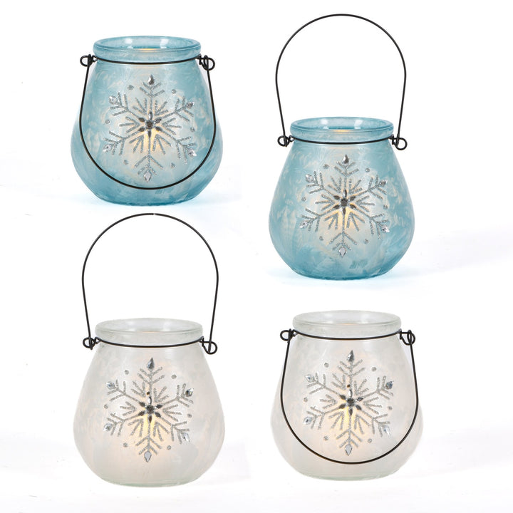 Glass Holiday Snowflake Luminaries, two colors available