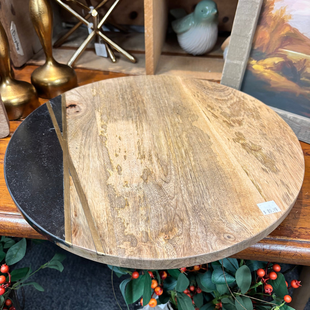 Mango Wood Lazy Susan with Black Stone & Brass