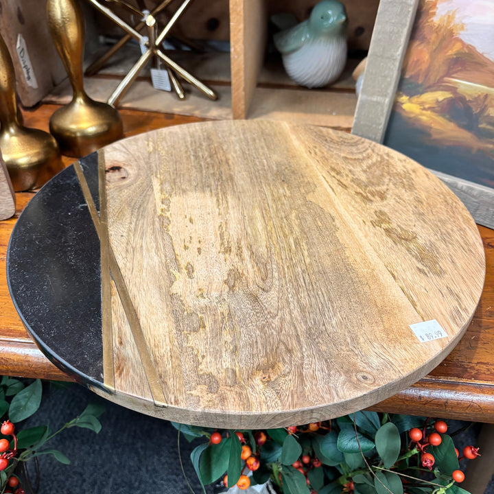 Mango Wood Lazy Susan with Black Stone & Brass