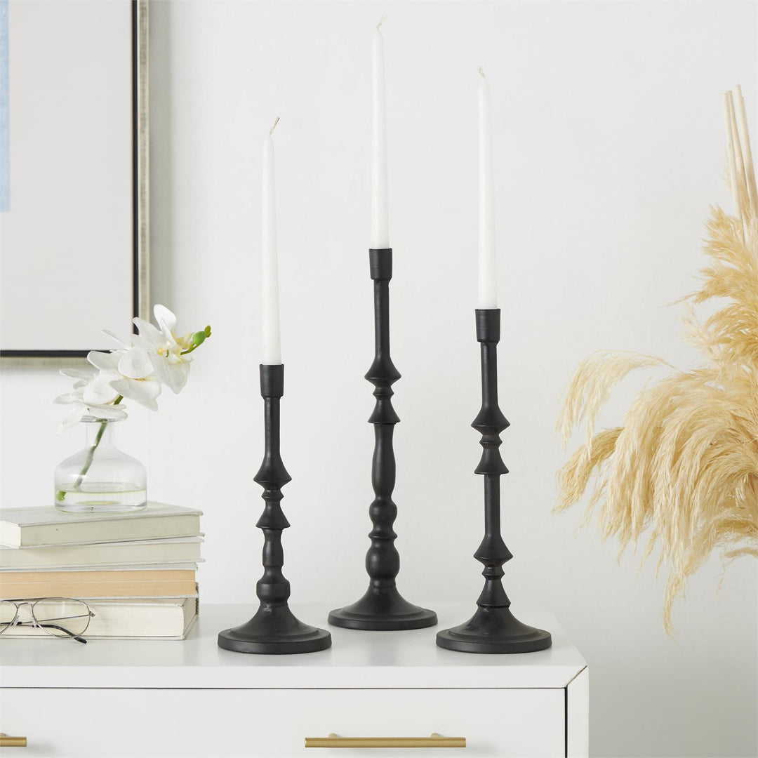 Black Metal Slim Turned Candle Holder, Set of 3