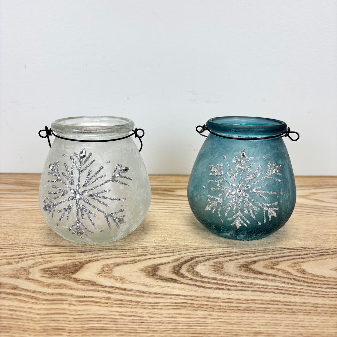 Glass Holiday Snowflake Luminaries, two colors available