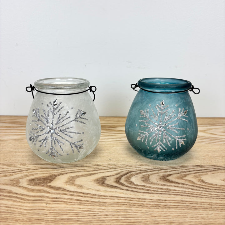 Glass Holiday Snowflake Luminaries, two colors available