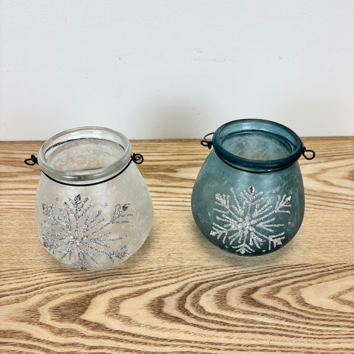 Glass Holiday Snowflake Luminaries, two colors available