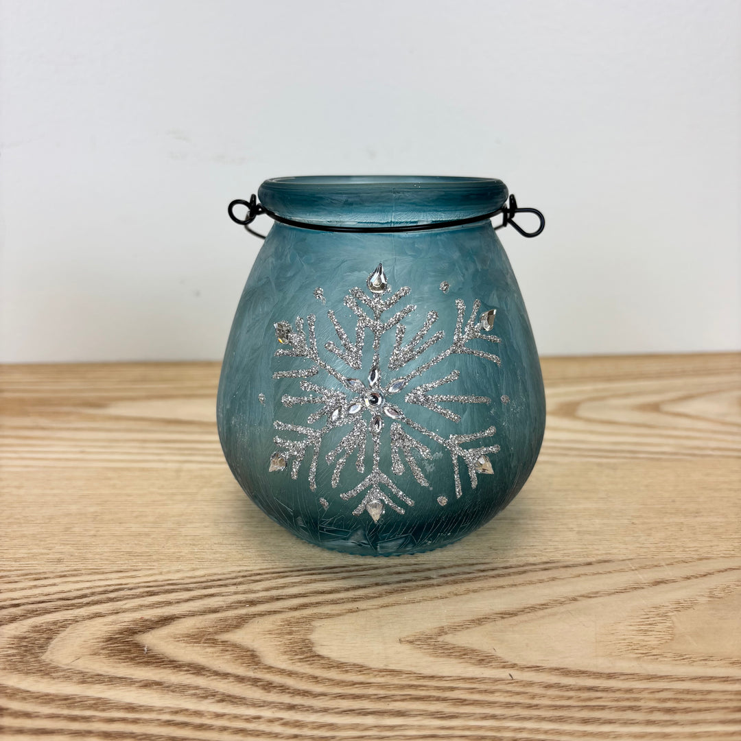 Glass Holiday Snowflake Luminaries, two colors available