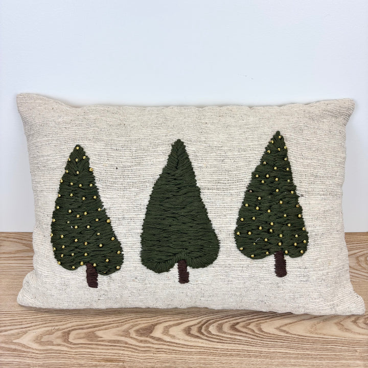 Embroidered Tree Hand-Woven Wool Lumbar Pillow