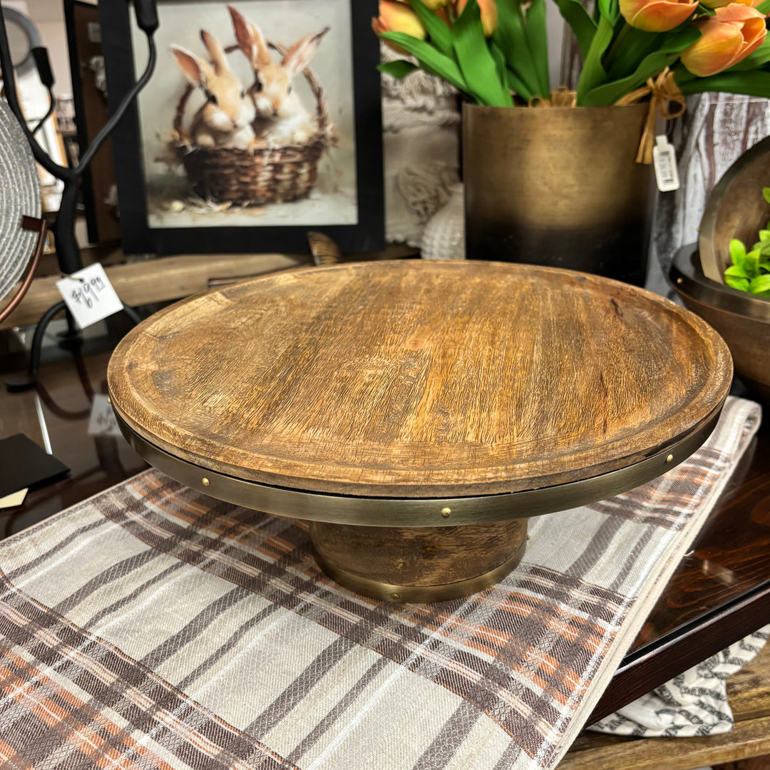 Stained Mango Cake Stand with Antiqued Metal Rim