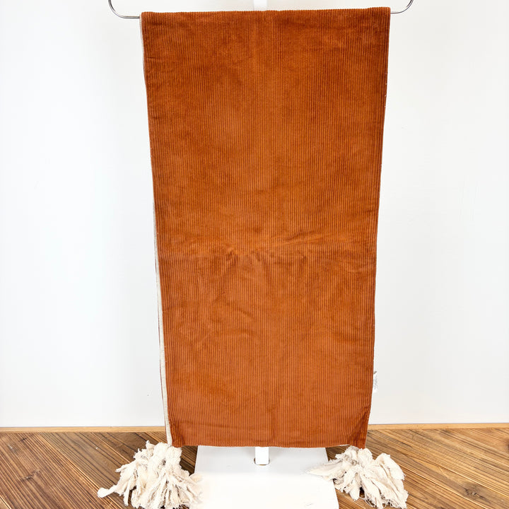 Pumpkin Spice Corduroy & Linen Table Runner with Frayed Tassels