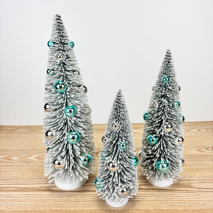 Silver Holiday Bottle Brush Trees with Baubles - 3 Sizes