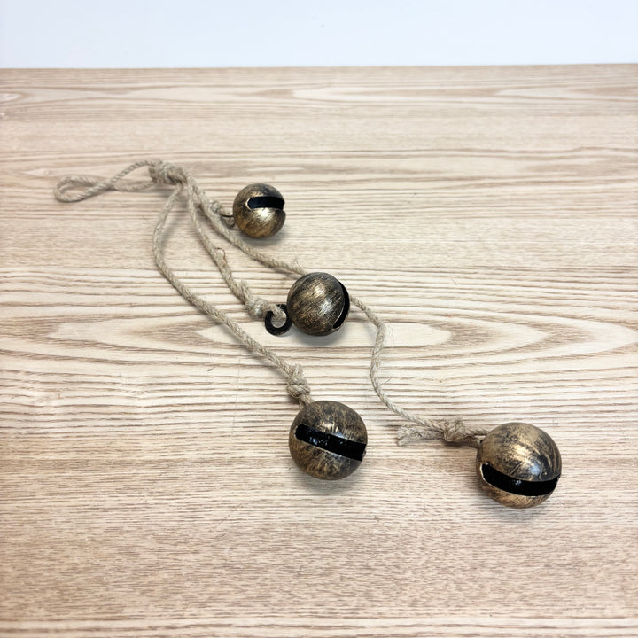Hanging Metal Jingle Bells with Jute Rope - Antique Brass