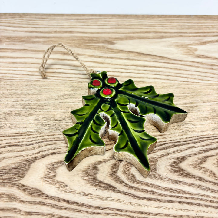 Mango Wood Holly Ornament