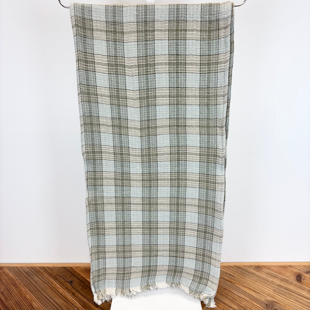 Woven Cotton Double Cloth Table Runner with Frayed Edges Plaid