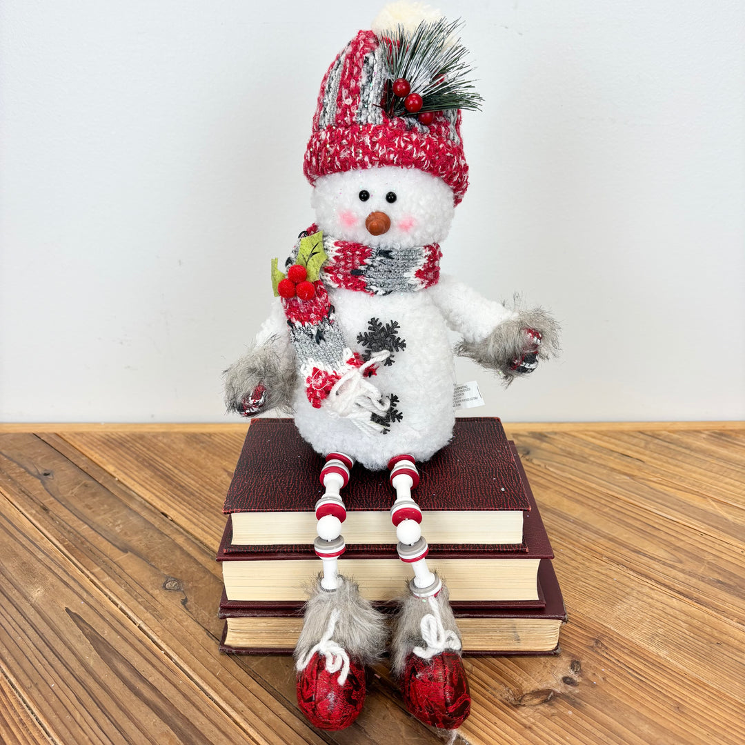 Red Plush Holiday Snowman Shelf Sitter with Beaded Legs - 3 Styles