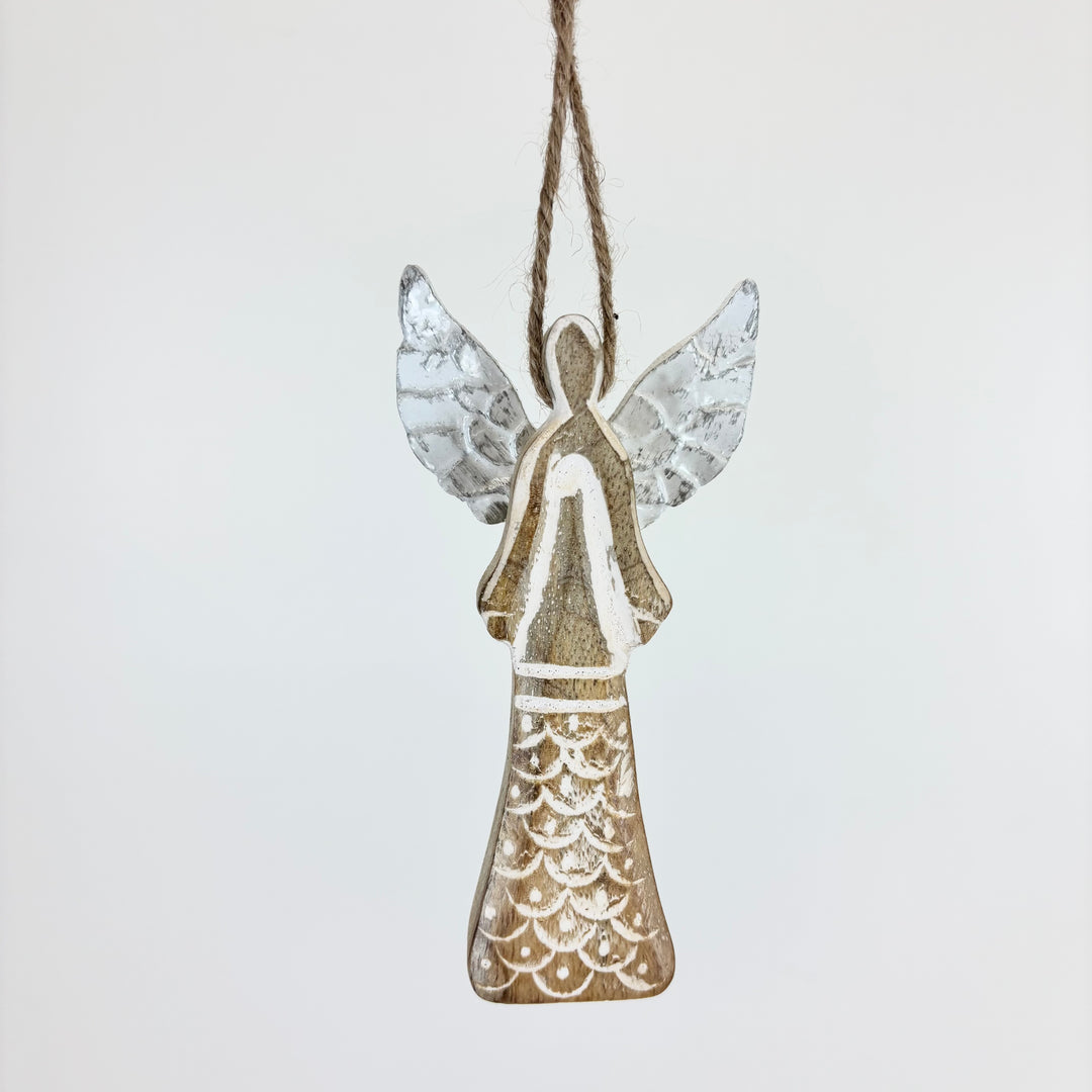 Mango Wood Angel Ornament w/ Metal Wings