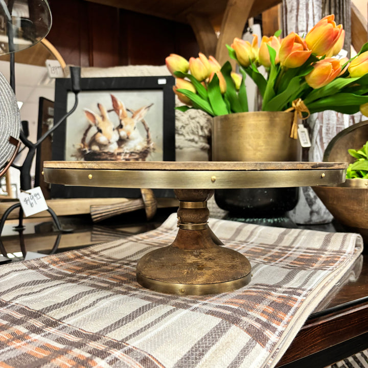 Stained Mango Cake Stand with Antiqued Metal Rim