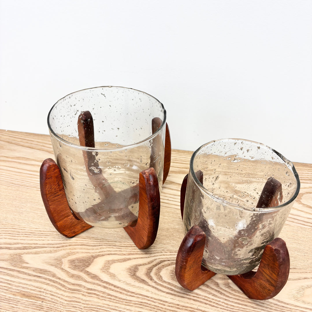Wood and Bubble Glass Candleholders
