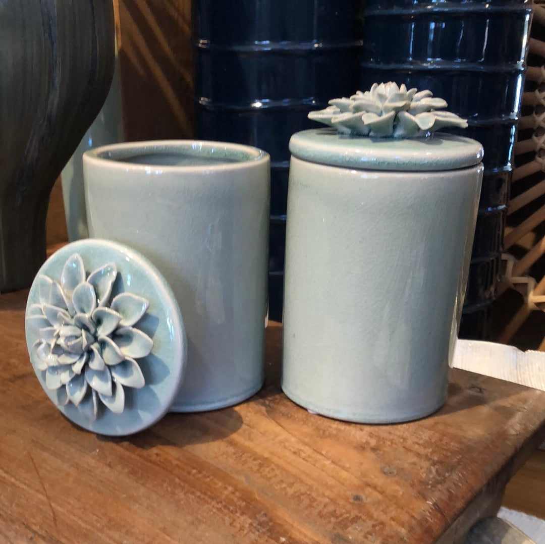 Ceramic Canister w/ Floral Lid - Sage