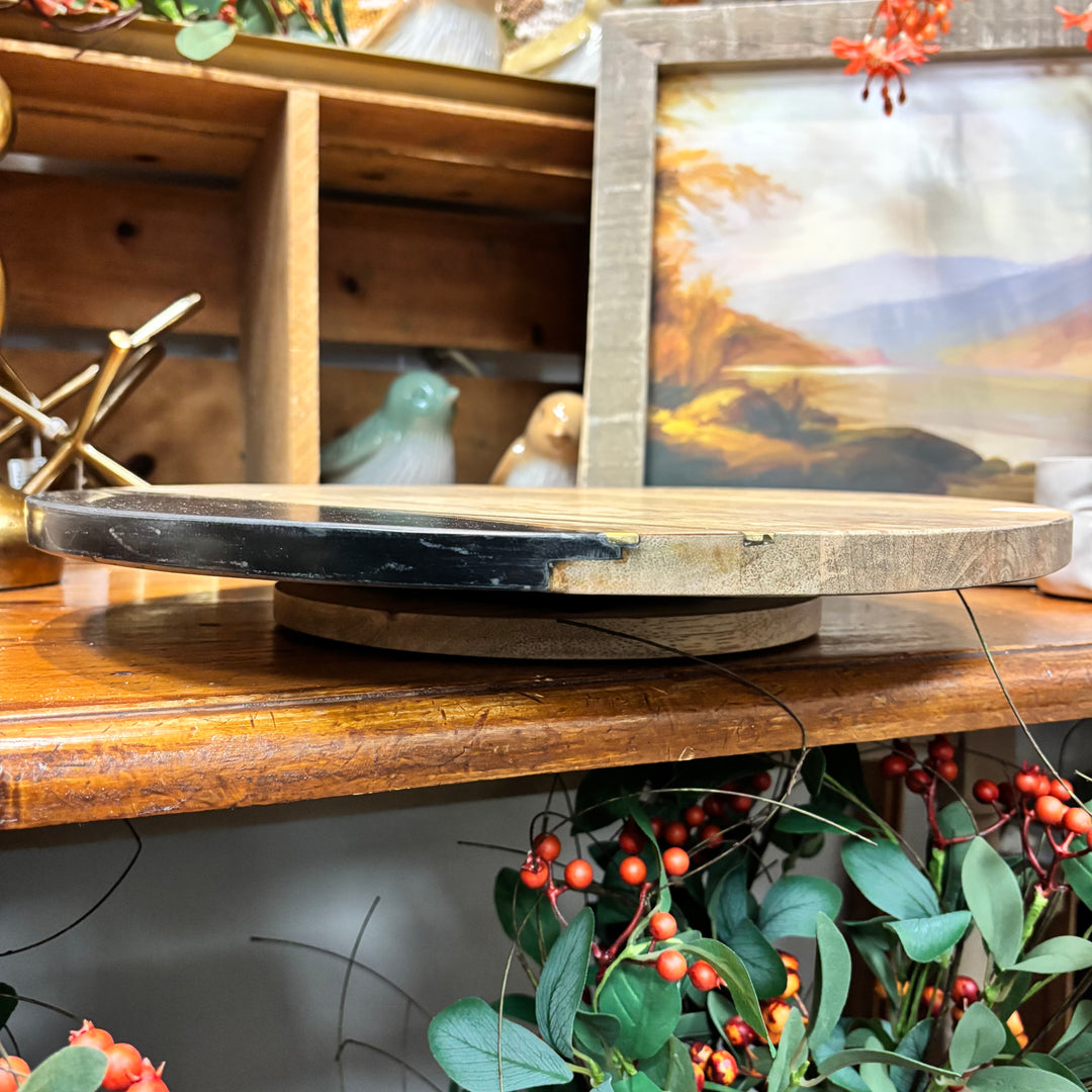 Mango Wood Lazy Susan with Black Stone & Brass