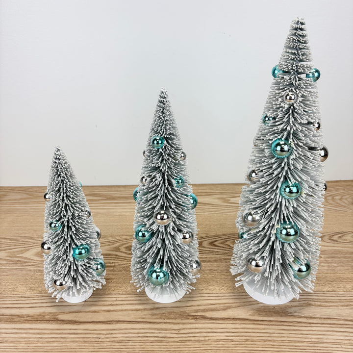 Silver Holiday Bottle Brush Trees with Baubles - 3 Sizes