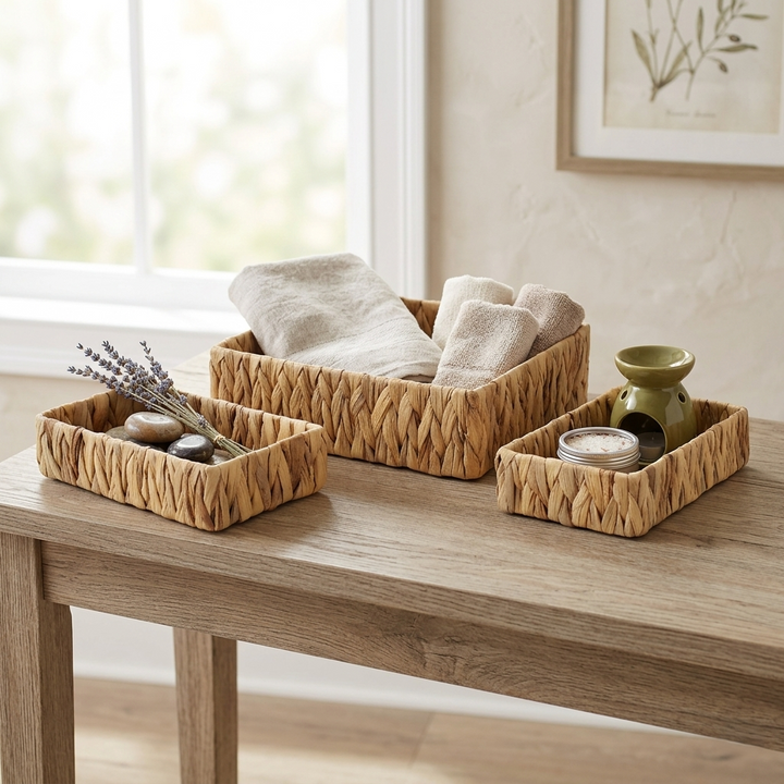 Water Hyacinth Woven Rectangular Baskets, Available in 3 Sizes