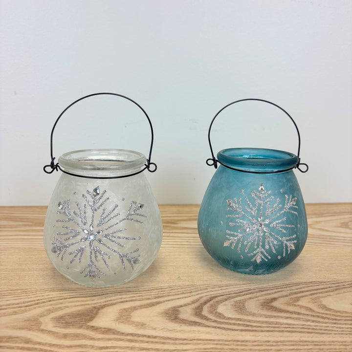 Glass Holiday Snowflake Luminaries, two colors available