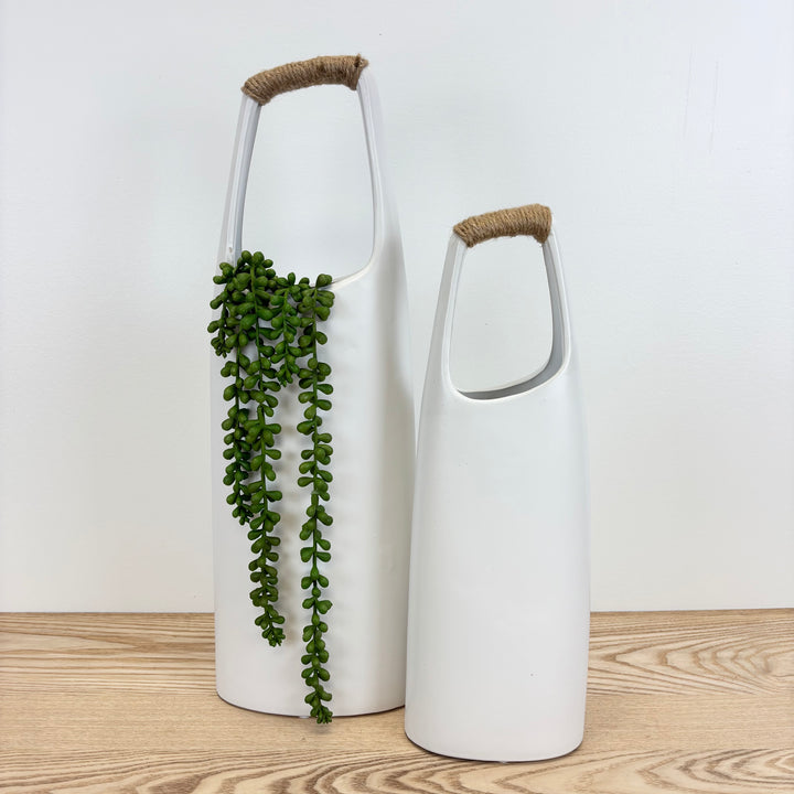 White Stoneware Vase with Jute Wrapped Handle