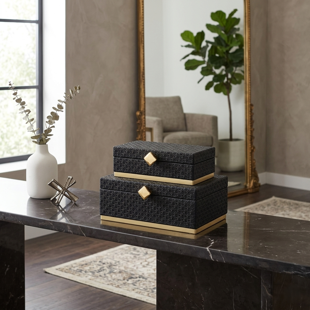 Rectangular Vinyl Rattan Black and Gold Boxes, 2 Sizes Available 