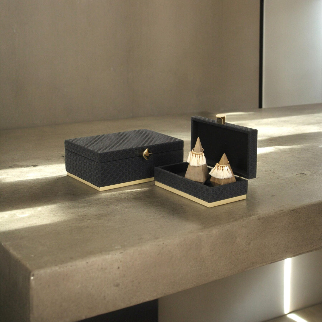 Rectangular Vinyl Rattan Black and Gold Boxes, 2 Sizes Available