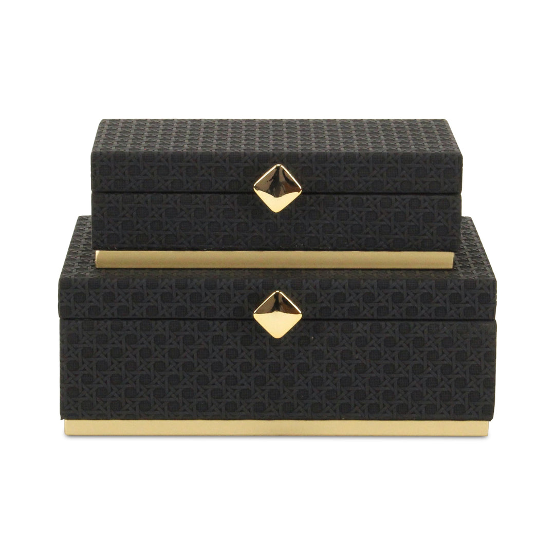 Rectangular Vinyl Rattan Black and Gold Boxes, 2 Sizes Available