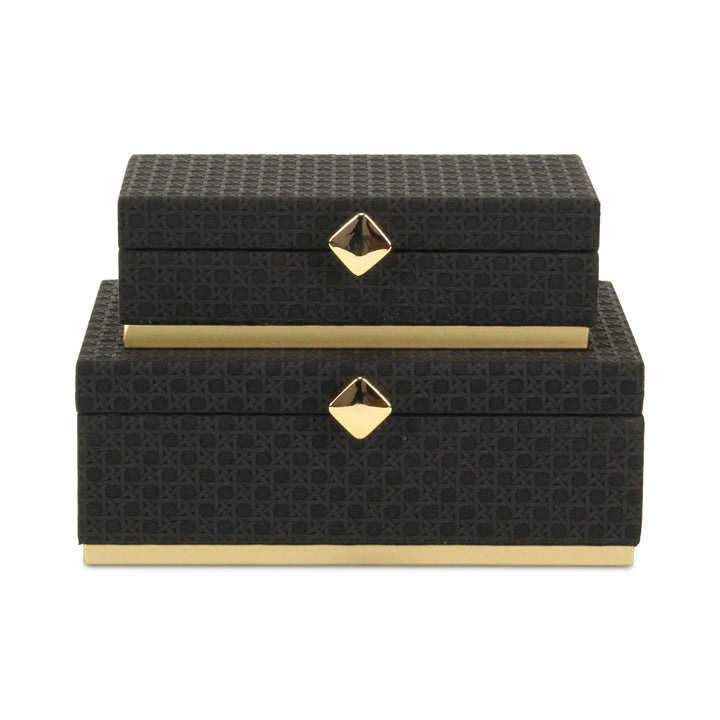 Rectangular Vinyl Rattan Black and Gold Boxes, 2 Sizes Available