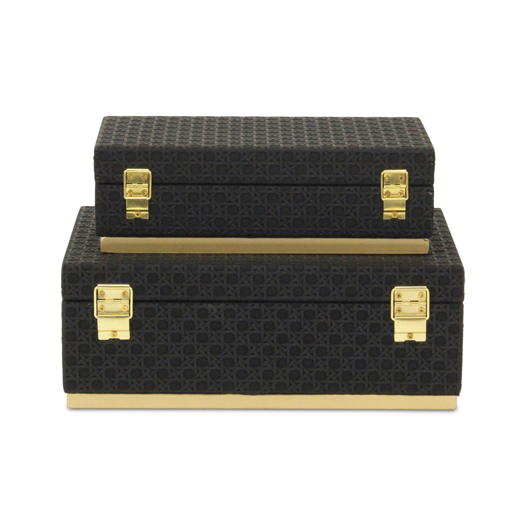 Rectangular Vinyl Rattan Black and Gold Boxes, 2 Sizes Available