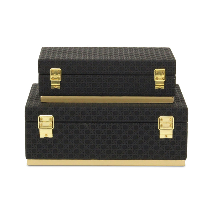 Rectangular Vinyl Rattan Black and Gold Boxes, 2 Sizes Available