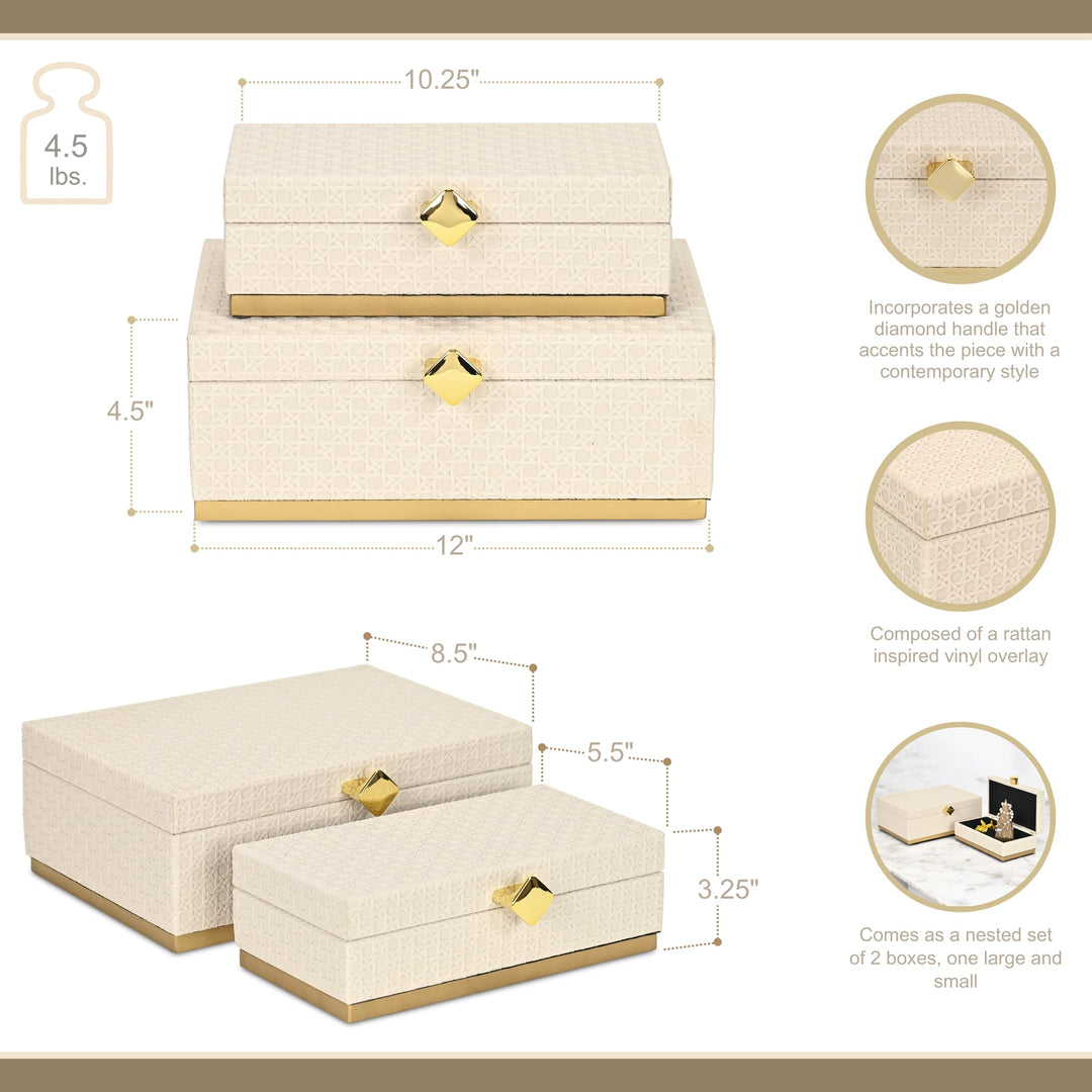 Rectangular Vinyl Rattan White and Gold Boxes, 2 Sizes Available