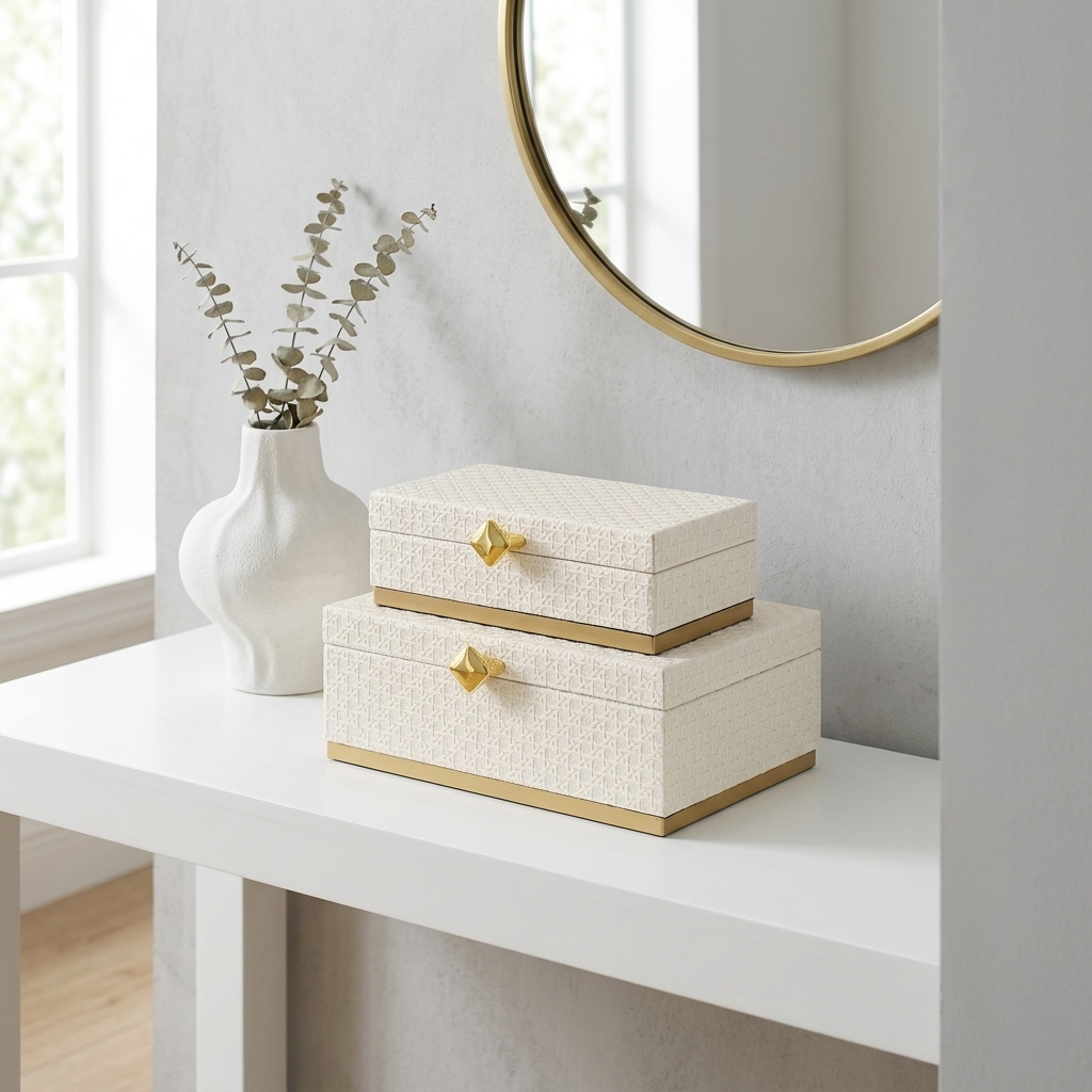 Rectangular Vinyl Rattan White and Gold Boxes, 2 Sizes Available 