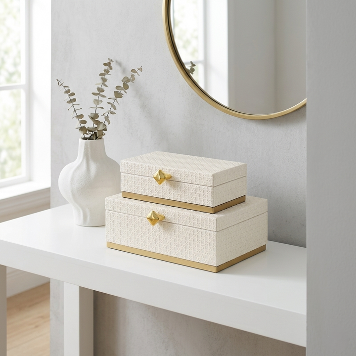 Rectangular Vinyl Rattan White and Gold Boxes, 2 Sizes Available 