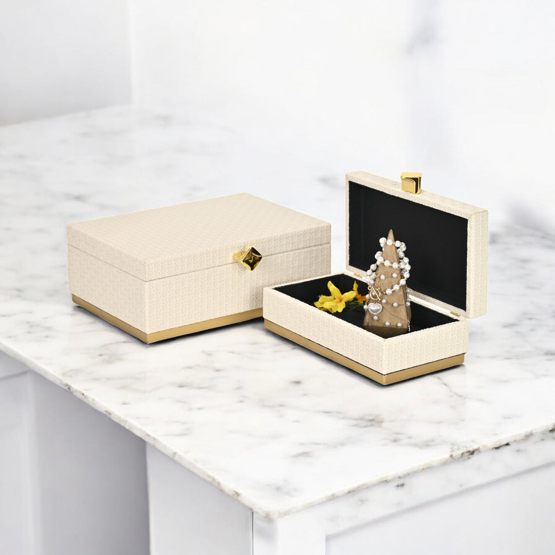 Rectangular Vinyl Rattan White and Gold Boxes, 2 Sizes Available