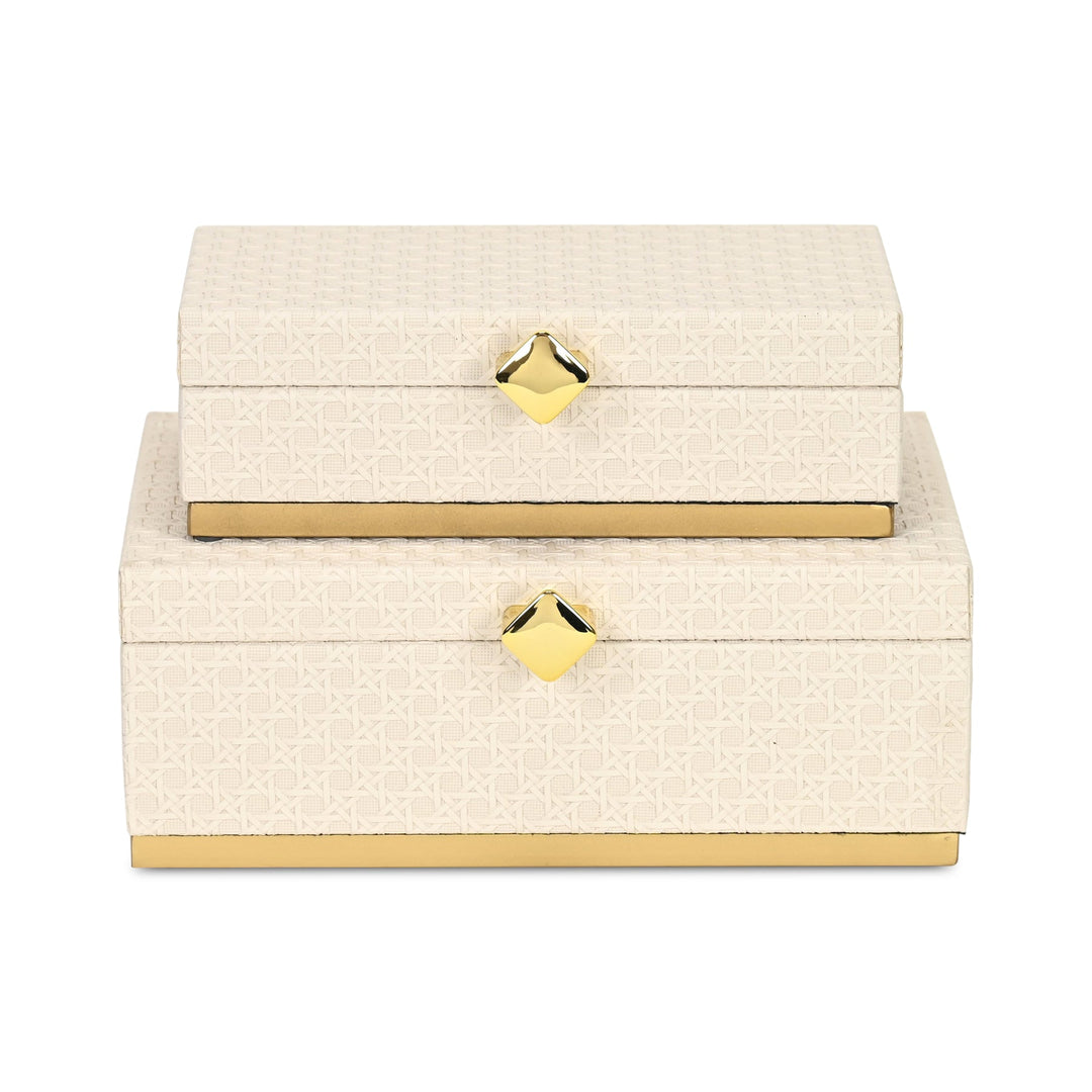 Rectangular Vinyl Rattan White and Gold Boxes, 2 Sizes Available