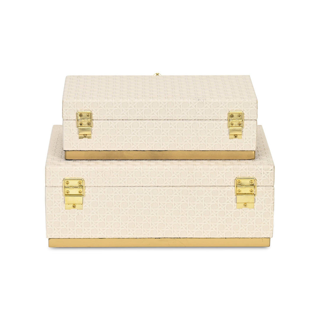 Rectangular Vinyl Rattan White and Gold Boxes, 2 Sizes Available