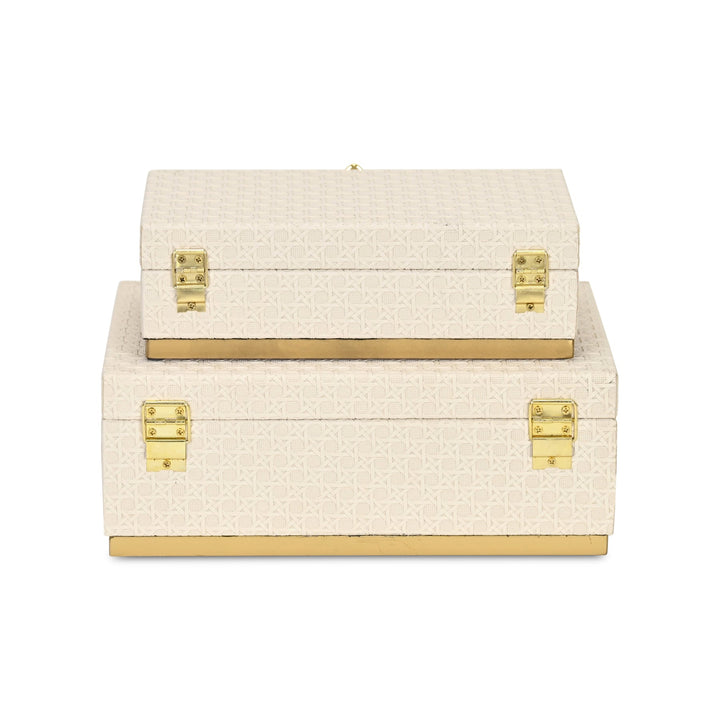 Rectangular Vinyl Rattan White and Gold Boxes, 2 Sizes Available