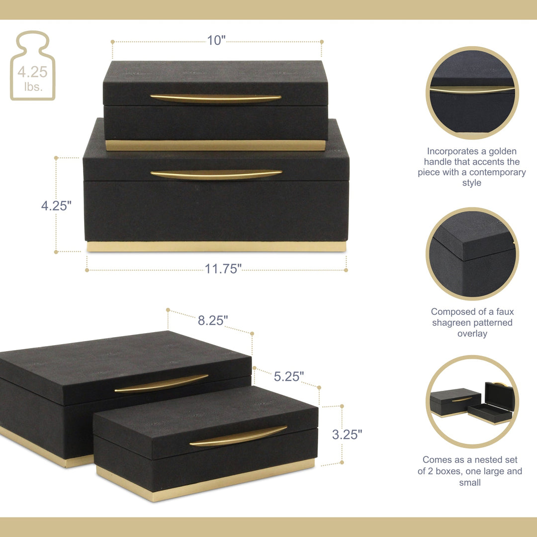 Rectangular Black Faux Shagreen Boxes, 2 Sizes Available