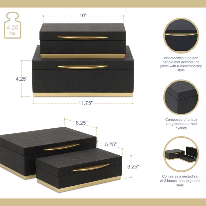 Rectangular Black Faux Shagreen Boxes, 2 Sizes Available