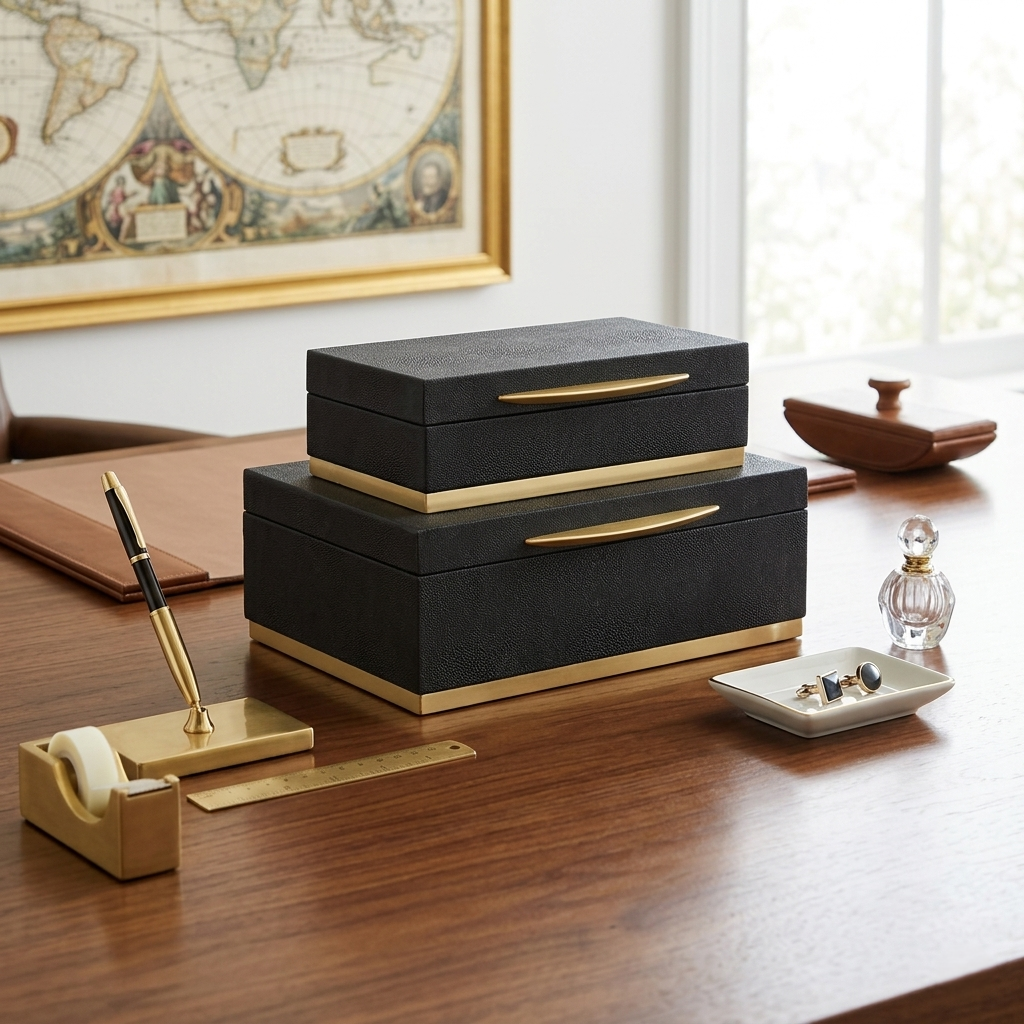 Rectangular Black Faux Shagreen Boxes, 2 Sizes Available