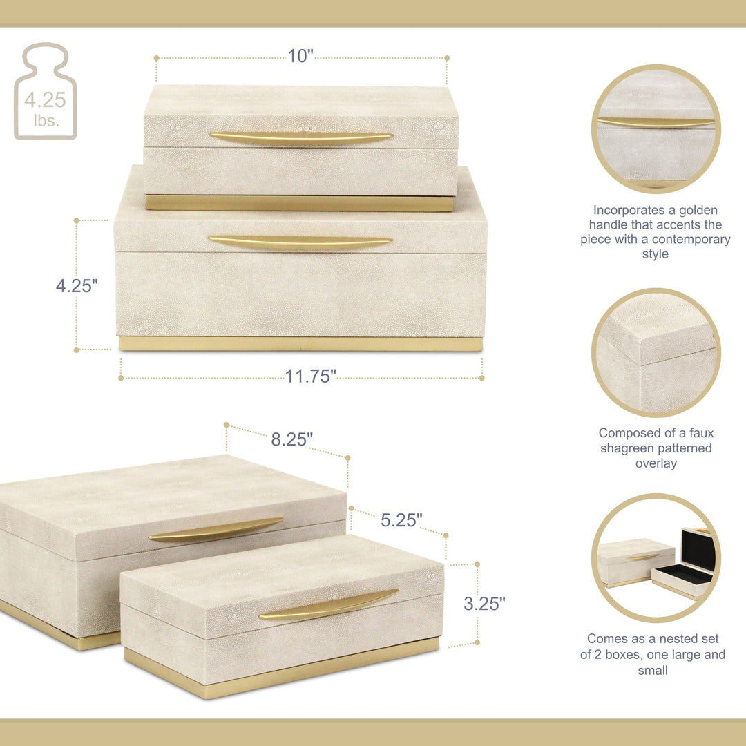 Rectangular Cream Faux Shagreen Boxes, 2 Sizes Available