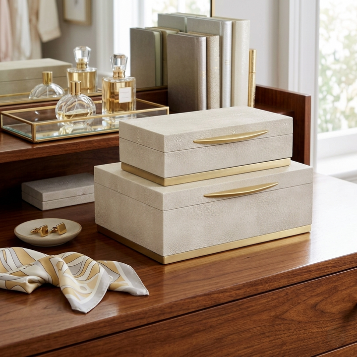 Rectangular Cream Faux Shagreen Boxes, 2 Sizes Available