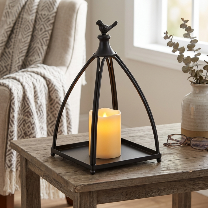 Curved Table Lantern with Bird Accent