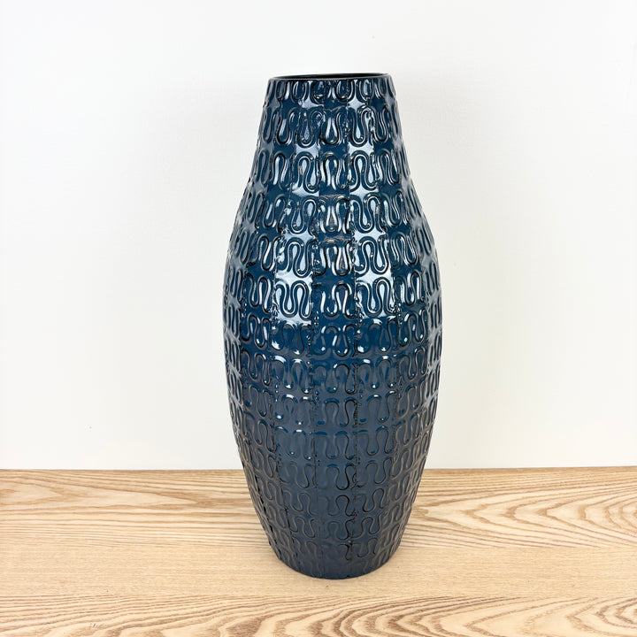 Blue Embossed Metal Vase with Loop Pattern