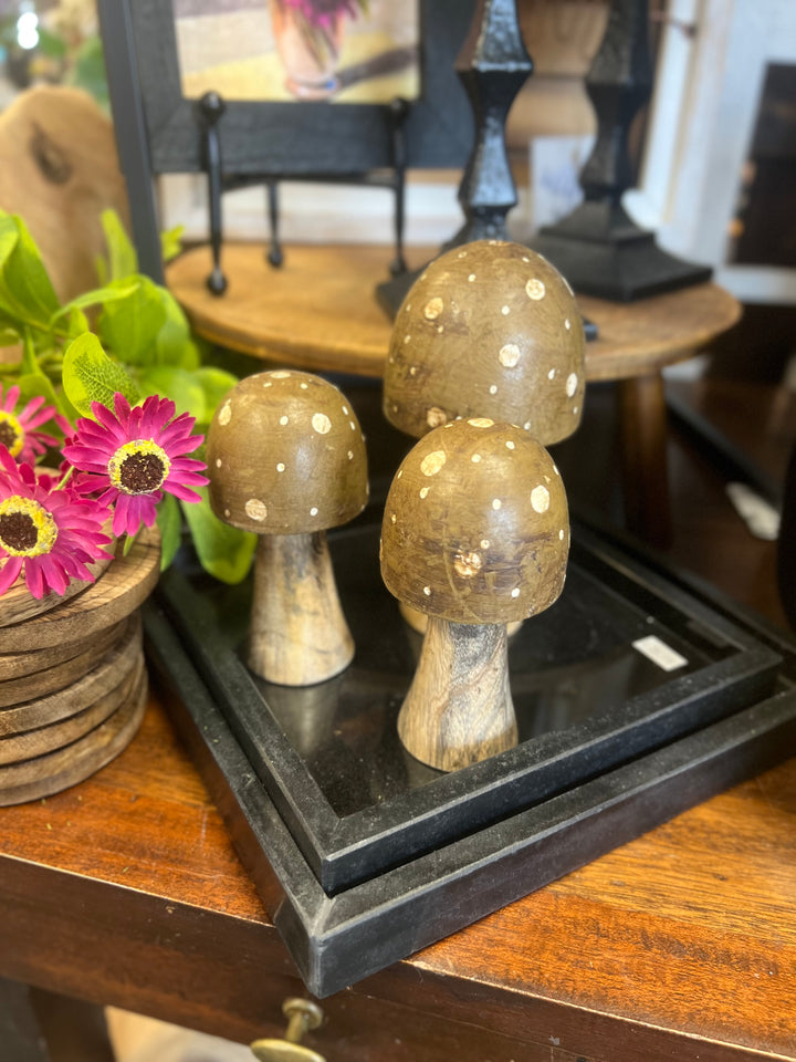 Brown Polka Dot Wooden Mushrooms, 4 sizes available