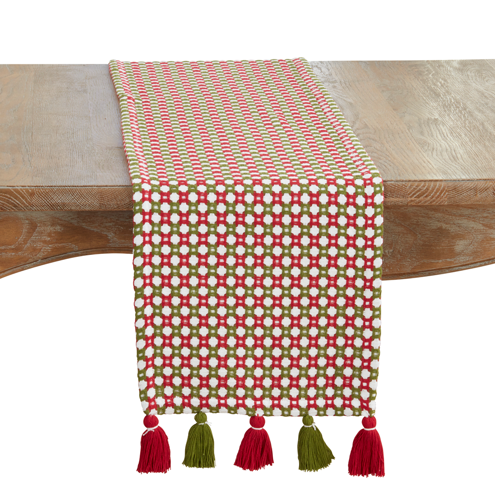 Red & Green Christmas Woven Tassel Table Runner