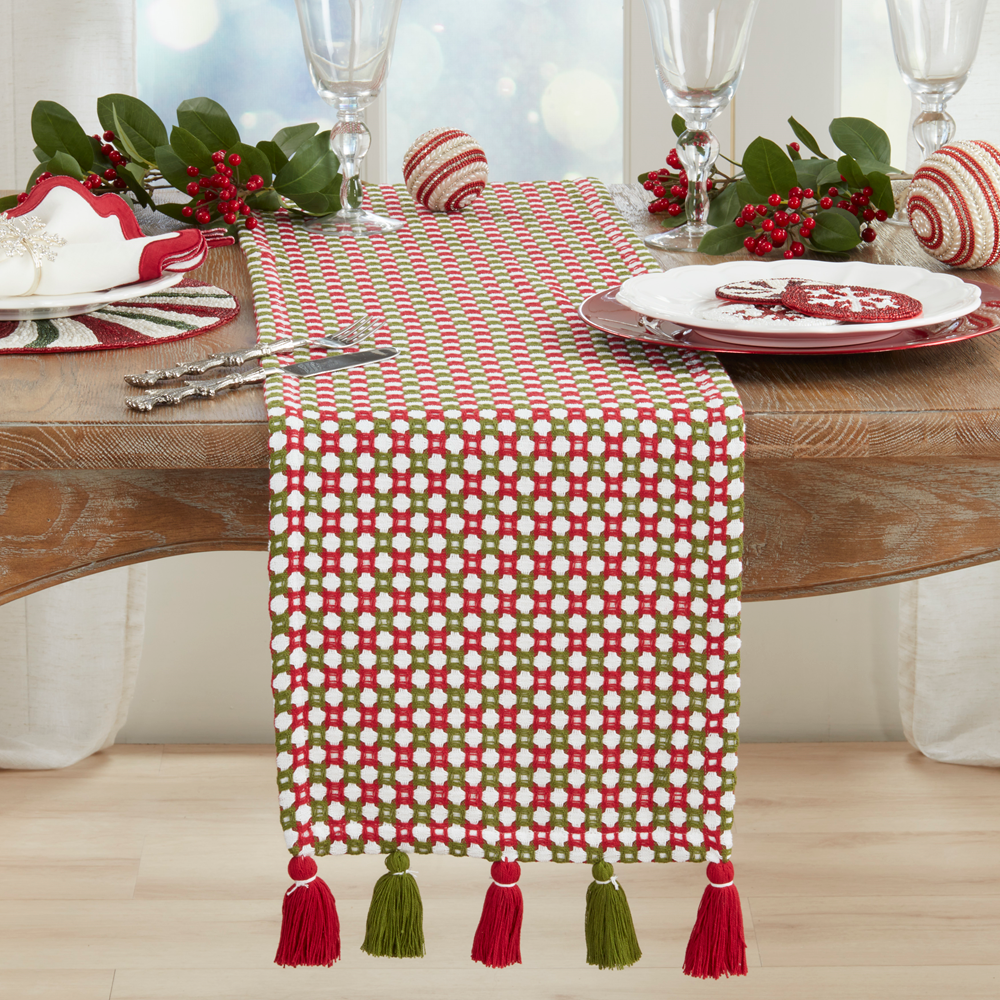 Red & Green Christmas Woven Tassel Table Runner