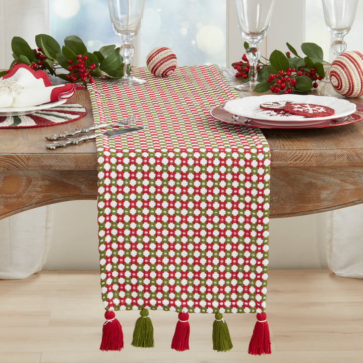 Red & Green Christmas Woven Tassel Table Runner